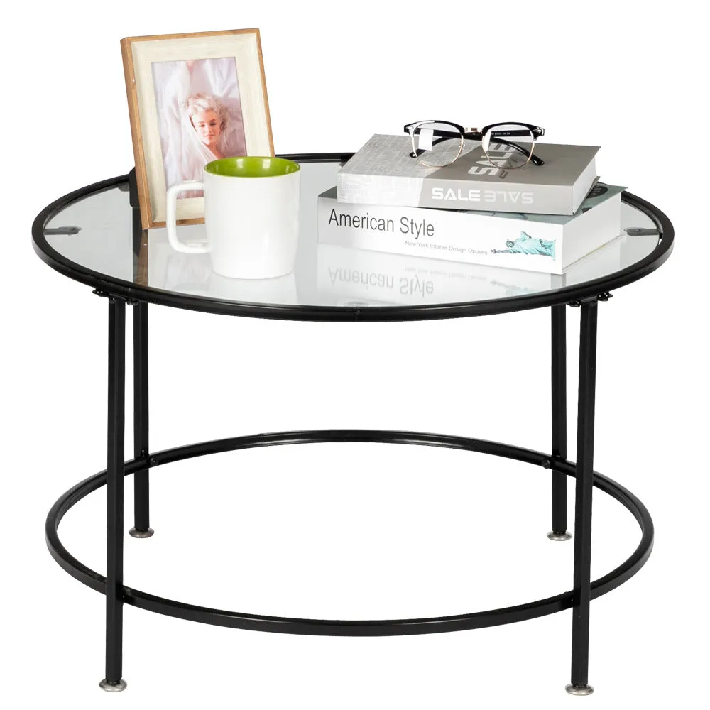 2 Layers 5mm Thick Tempered Glass Countertop Round Wrought Iron Coffee Table Glass Top