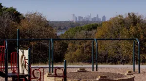 4K Empty Playground and Downtown Dallas (Close-Up)