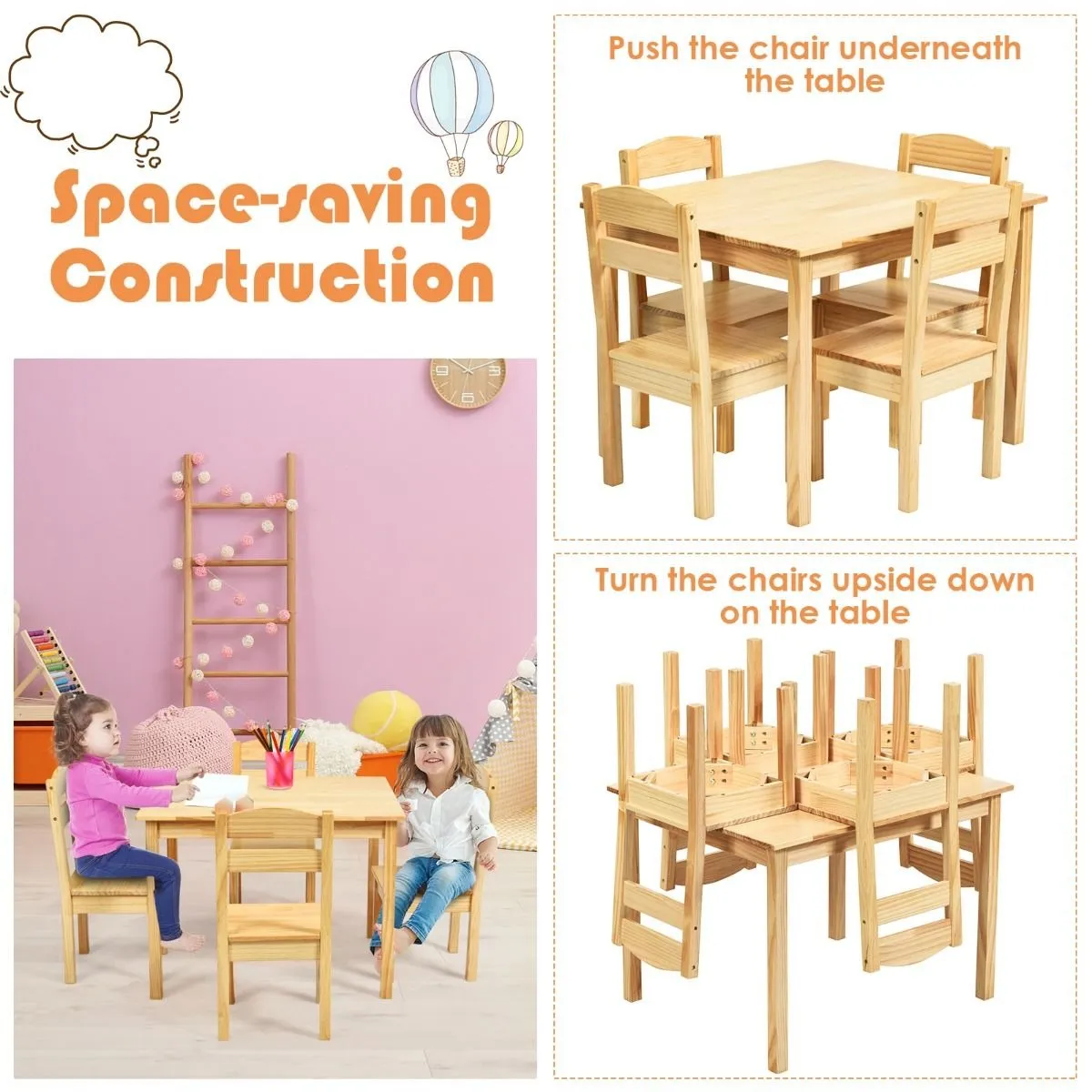 5 Piece Natural & Solid Eco Pine Wooden Chilldren's Table & 4 Chairs | 3-8 Years