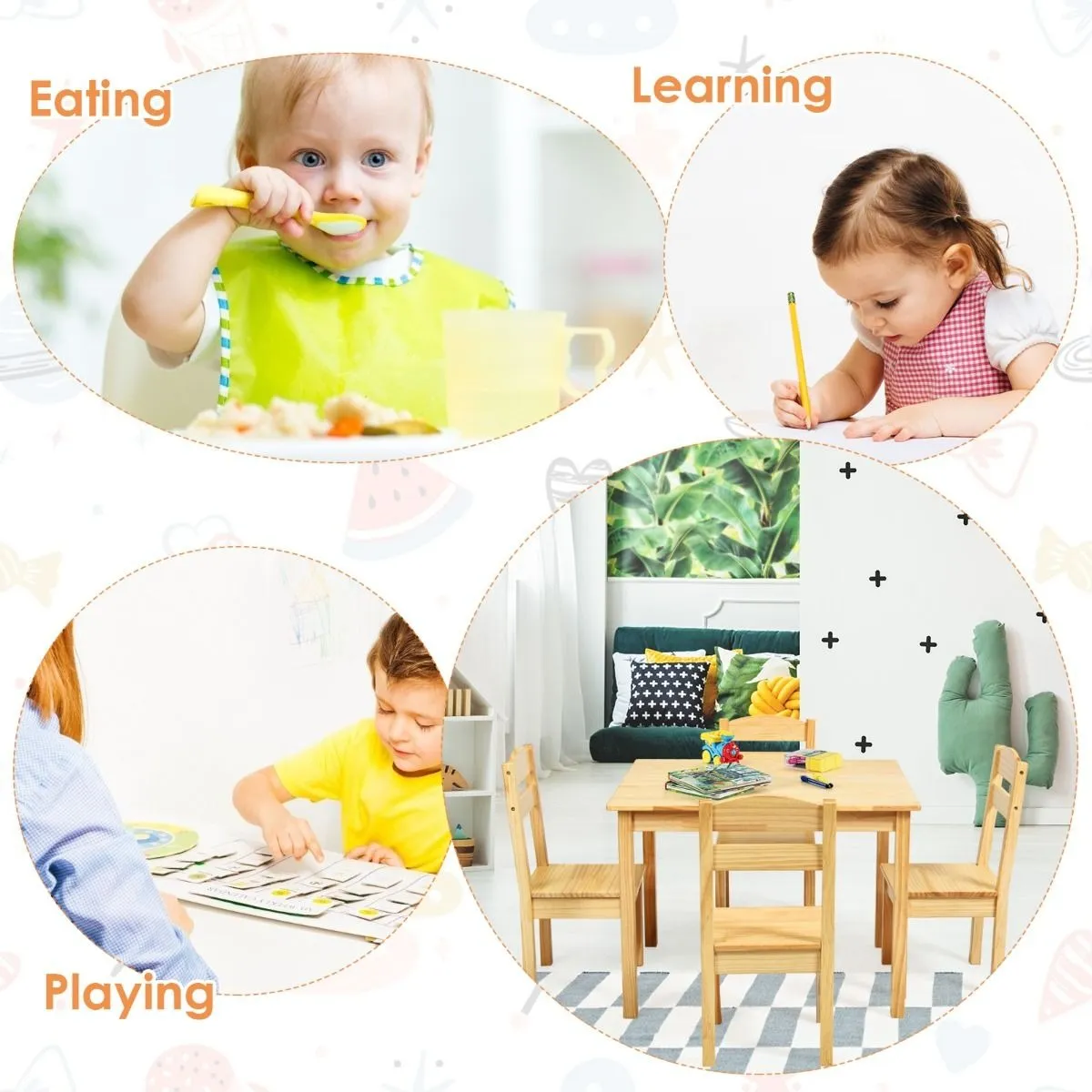 5 Piece Natural & Solid Eco Pine Wooden Chilldren's Table & 4 Chairs | 3-8 Years