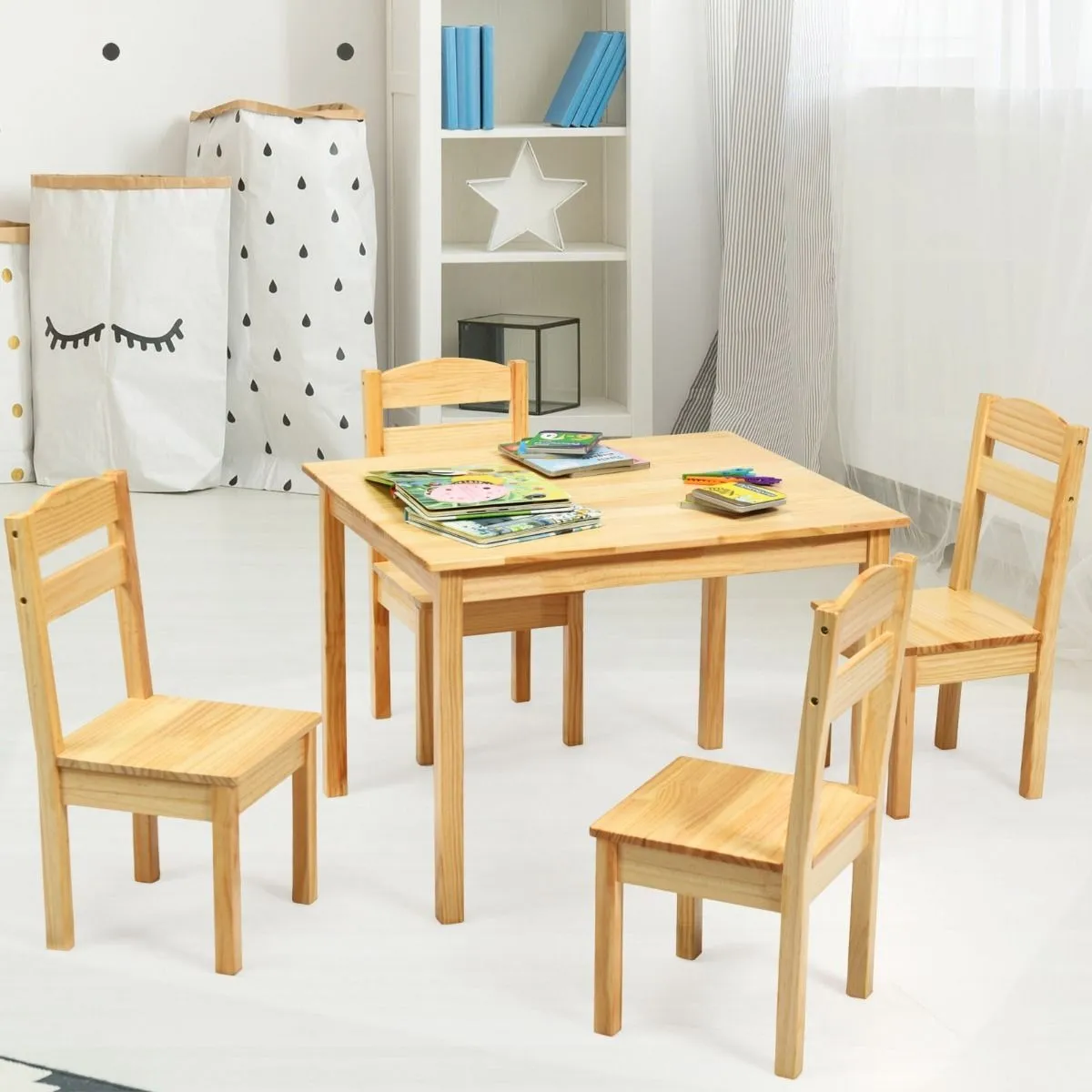 5 Piece Natural & Solid Eco Pine Wooden Chilldren's Table & 4 Chairs | 3-8 Years