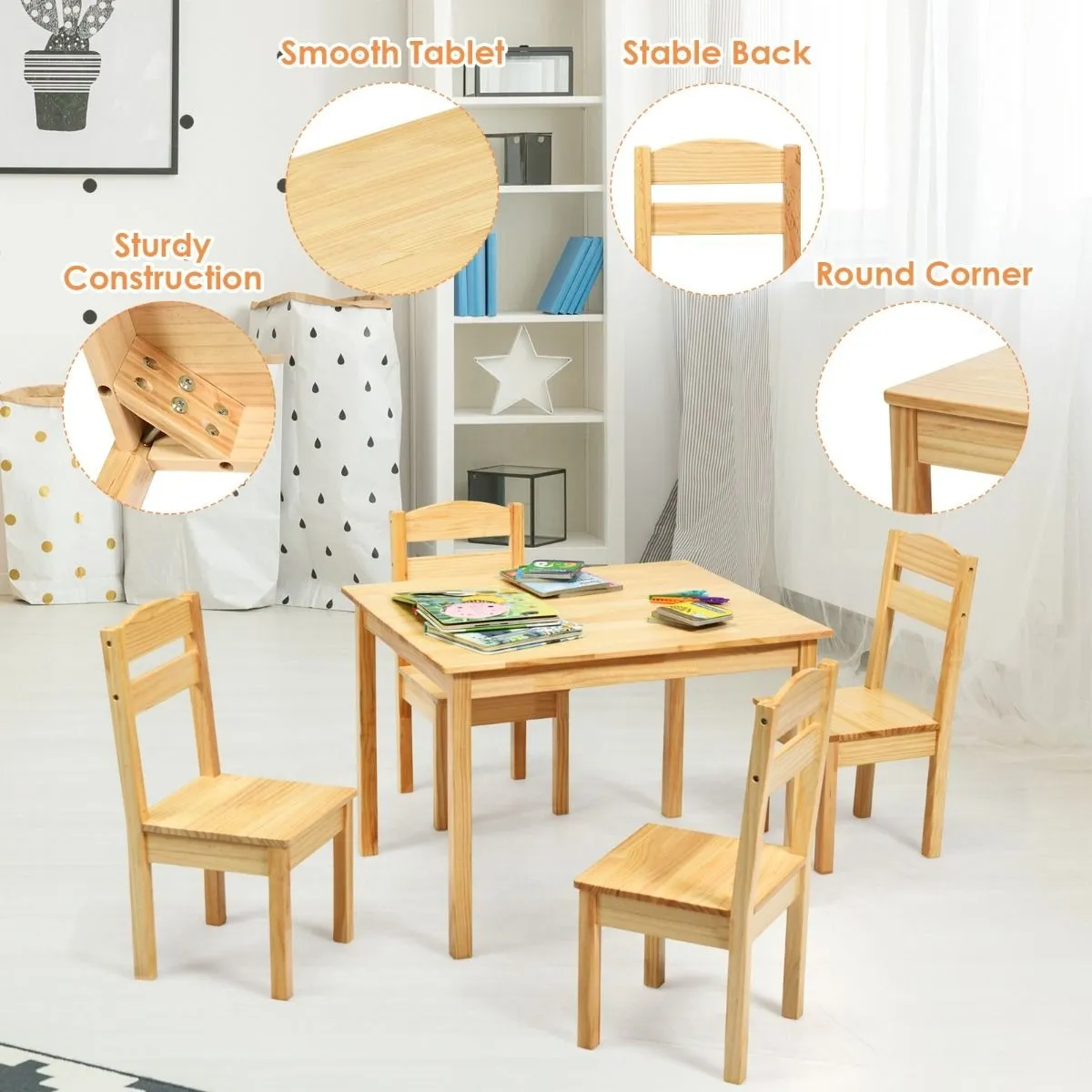 5 Piece Natural & Solid Eco Pine Wooden Chilldren's Table & 4 Chairs | 3-8 Years