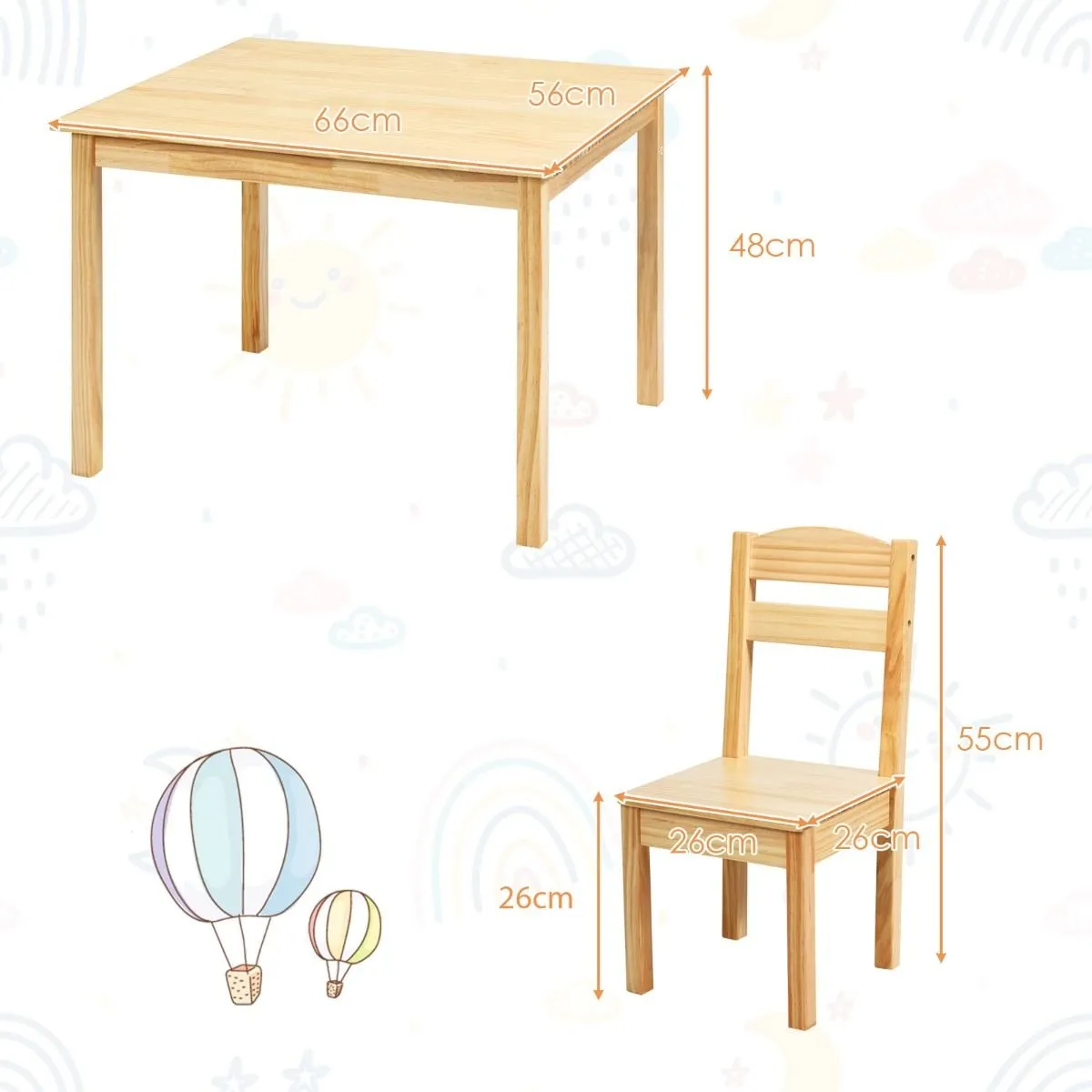5 Piece Natural & Solid Eco Pine Wooden Chilldren's Table & 4 Chairs | 3-8 Years