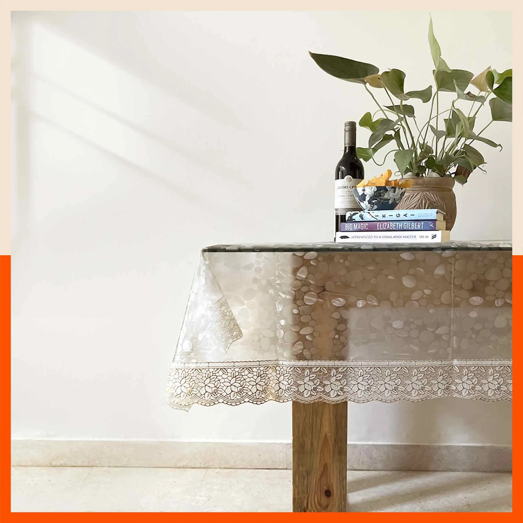 Albus Plastic Table Cover with White Lace for Dining Table at Home - Circular - 78" | Pebbles