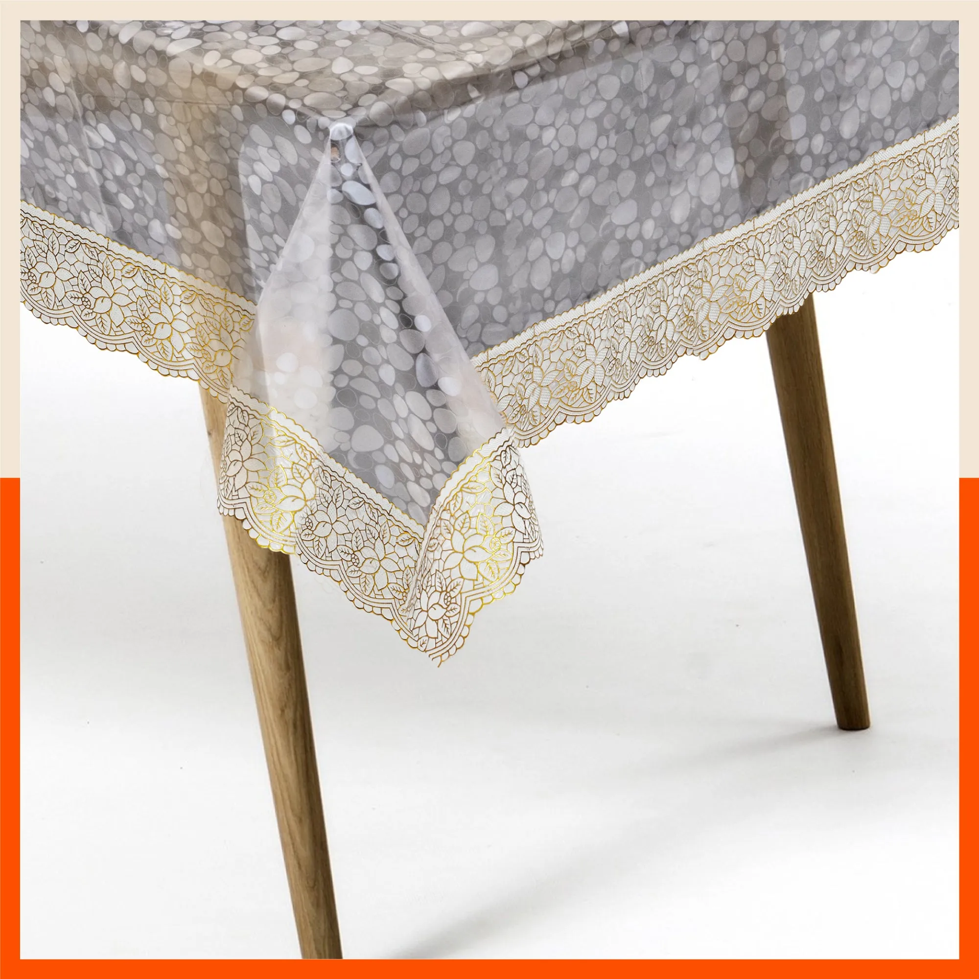 Aurum Plastic Table Cover with Golden Lace for Dining Table at Home - Rectangular - (60" x 120") | Pebbles