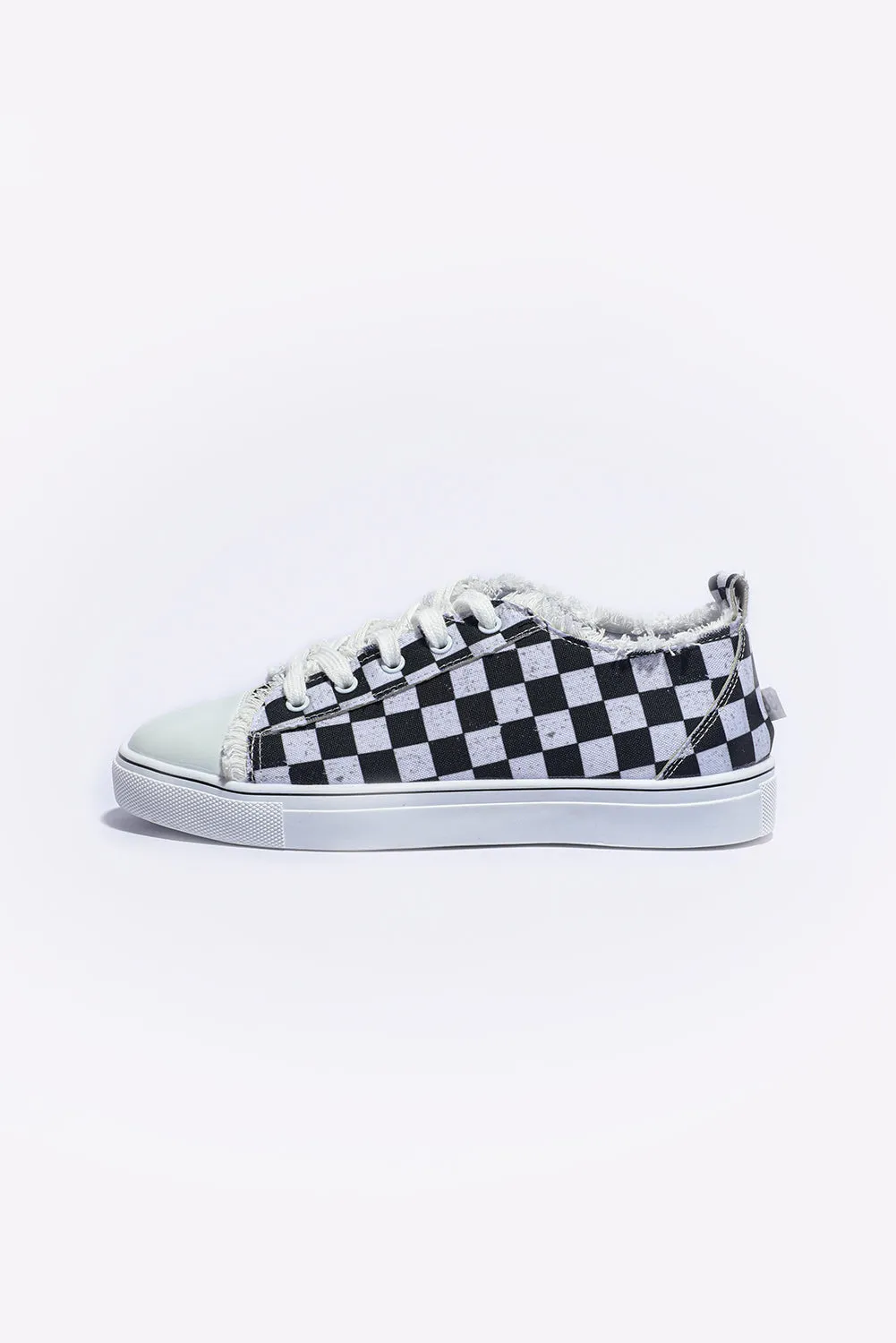 Black Checkered Print Raw Edge Lace-up Canvas Shoes
