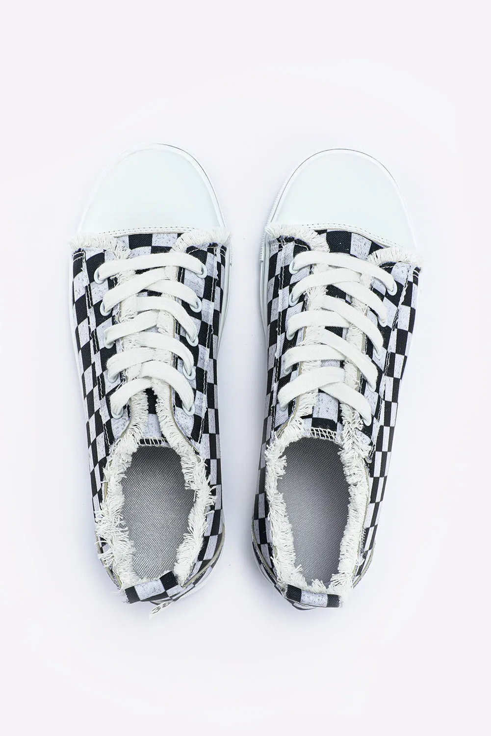 Black Checkered Print Raw Edge Lace-up Canvas Shoes