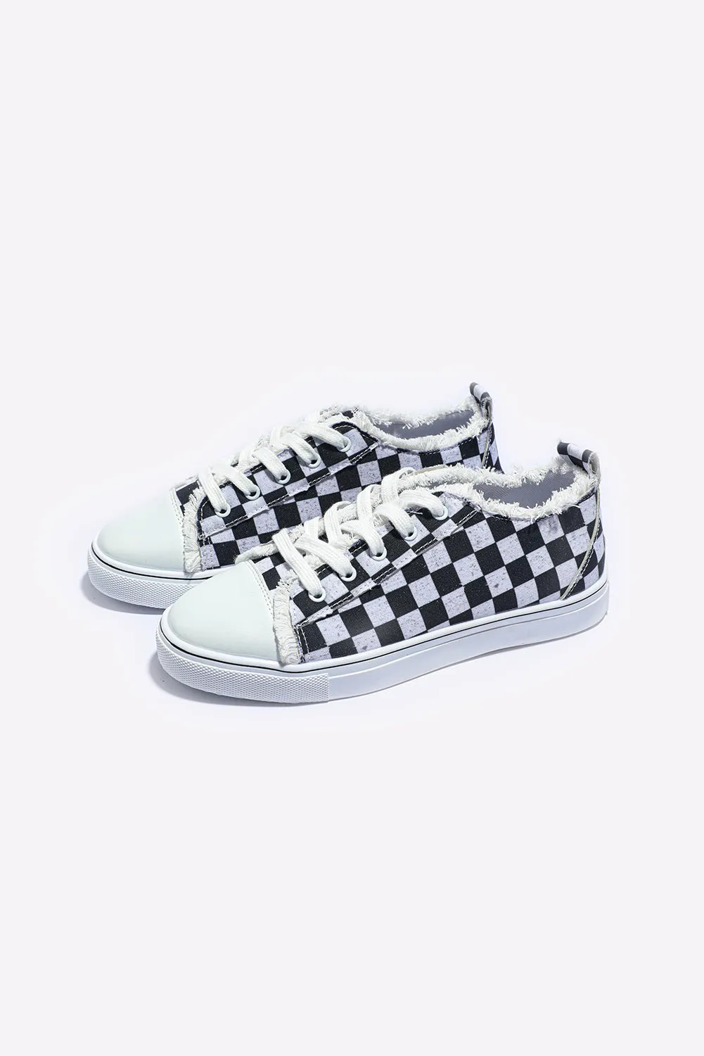 Black Checkered Print Raw Edge Lace-up Canvas Shoes