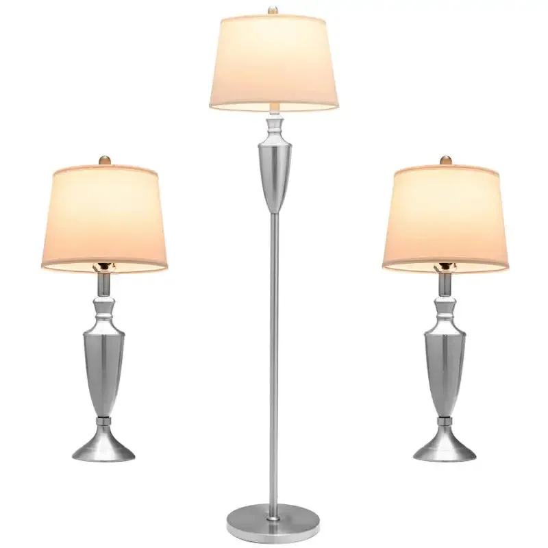 Brushed Silver Table and Floor Lamp Set with Cream Shades