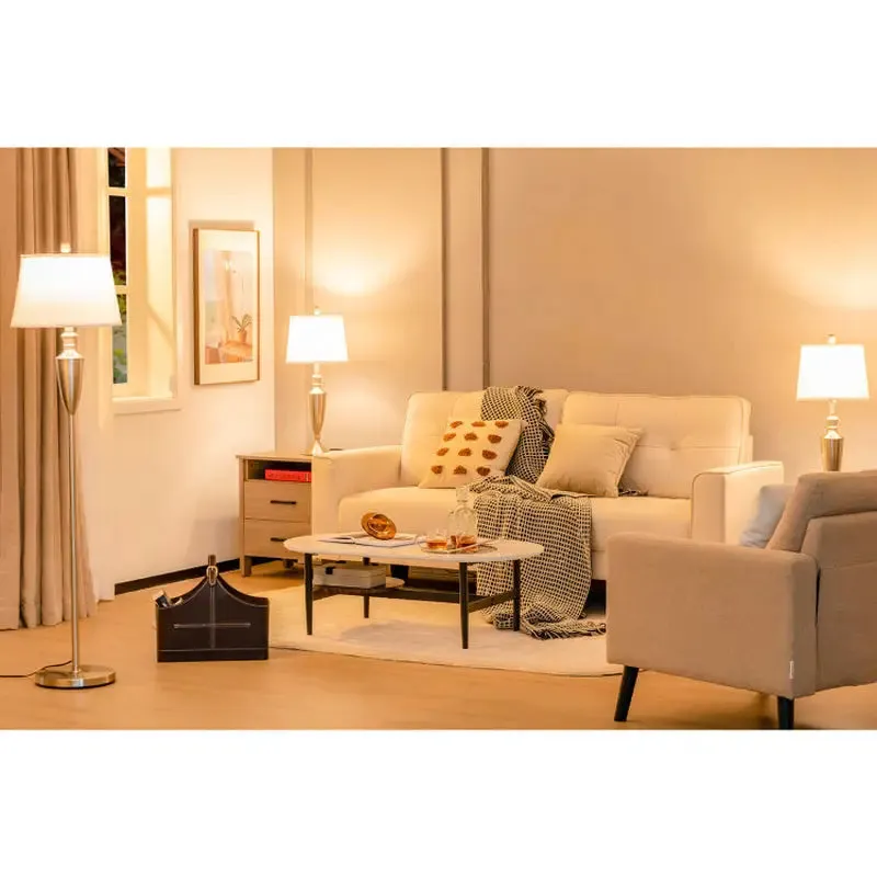Brushed Silver Table and Floor Lamp Set with Cream Shades