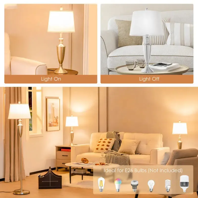 Brushed Silver Table and Floor Lamp Set with Cream Shades