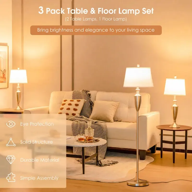 Brushed Silver Table and Floor Lamp Set with Cream Shades