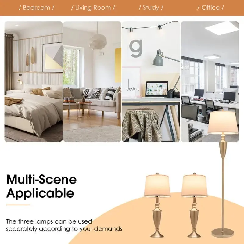 Brushed Silver Table and Floor Lamp Set with Cream Shades