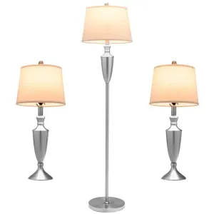 Brushed Silver Table and Floor Lamp Set with Cream Shades