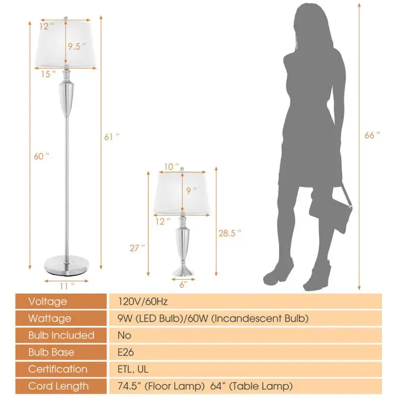 Brushed Silver Table and Floor Lamp Set with Cream Shades