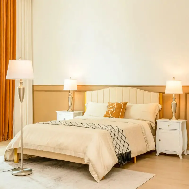 Brushed Silver Table and Floor Lamp Set with Cream Shades