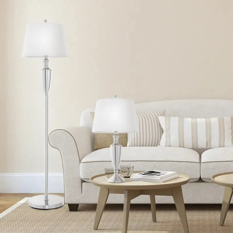 Brushed Silver Table and Floor Lamp Set with Cream Shades