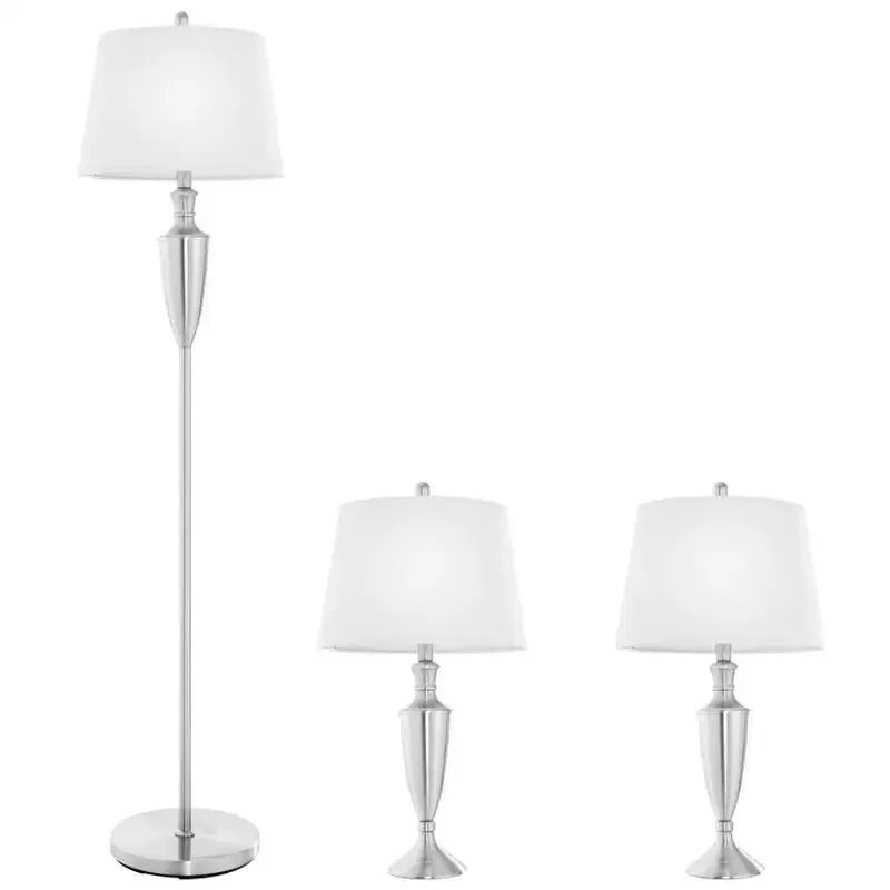 Brushed Silver Table and Floor Lamp Set with Cream Shades