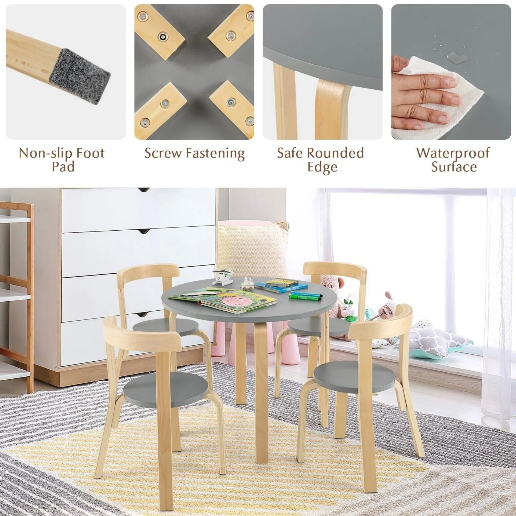 Children’s Wooden Table and 4 Chair Set | Curved Design | Birch & Grey