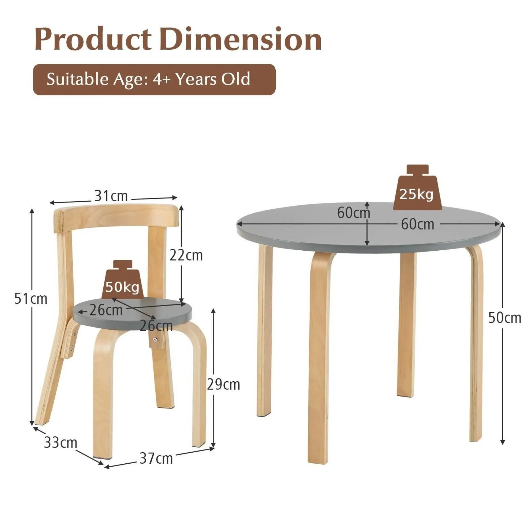 Children’s Wooden Table and 4 Chair Set | Curved Design | Birch & Grey