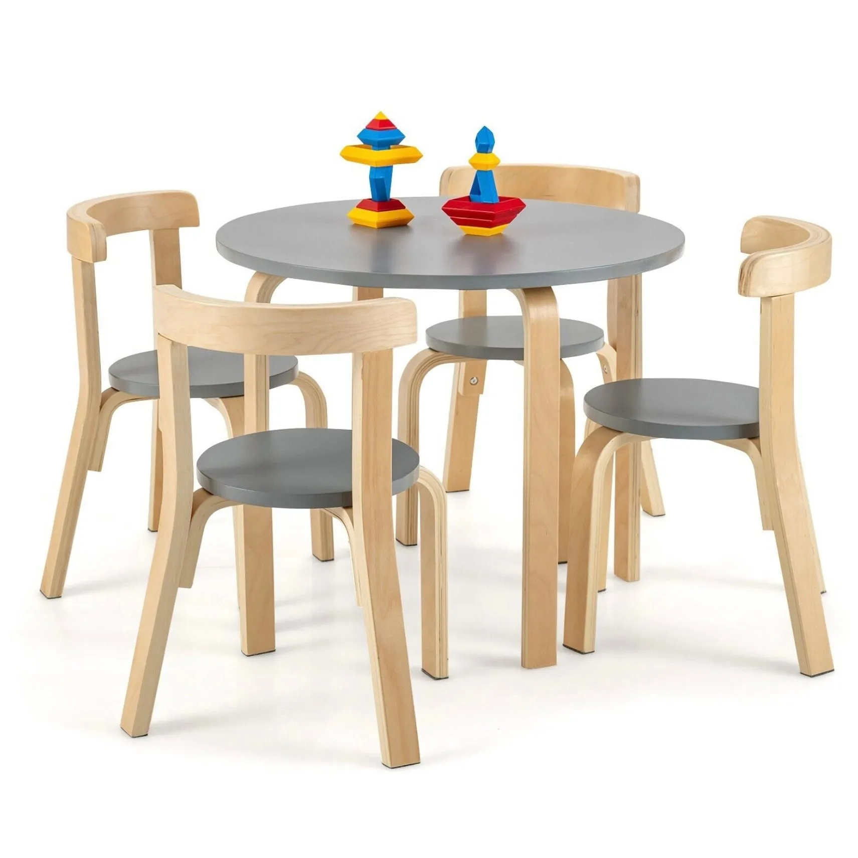 Children’s Wooden Table and 4 Chair Set | Curved Design | Birch & Grey