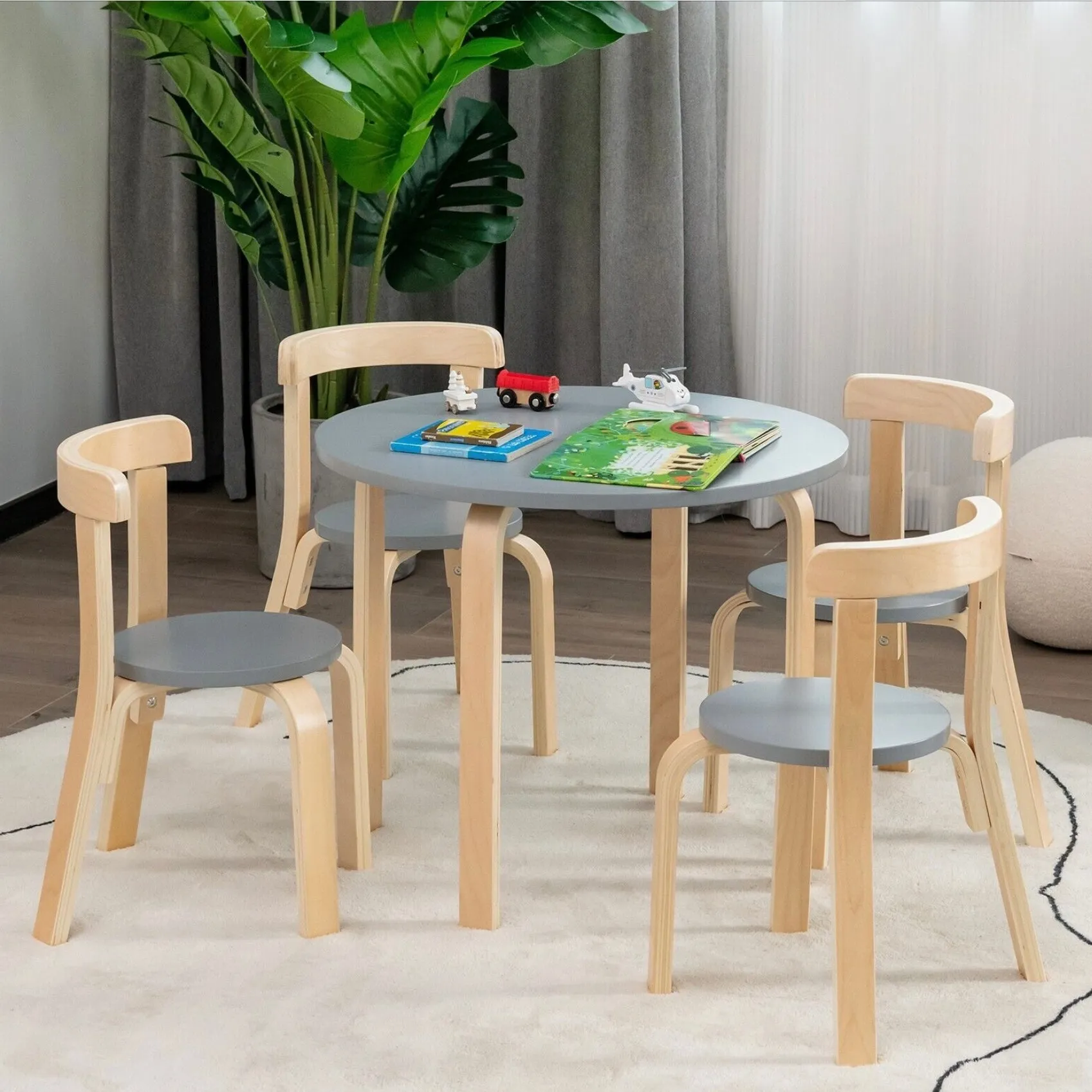 Children’s Wooden Table and 4 Chair Set | Curved Design | Birch & Grey