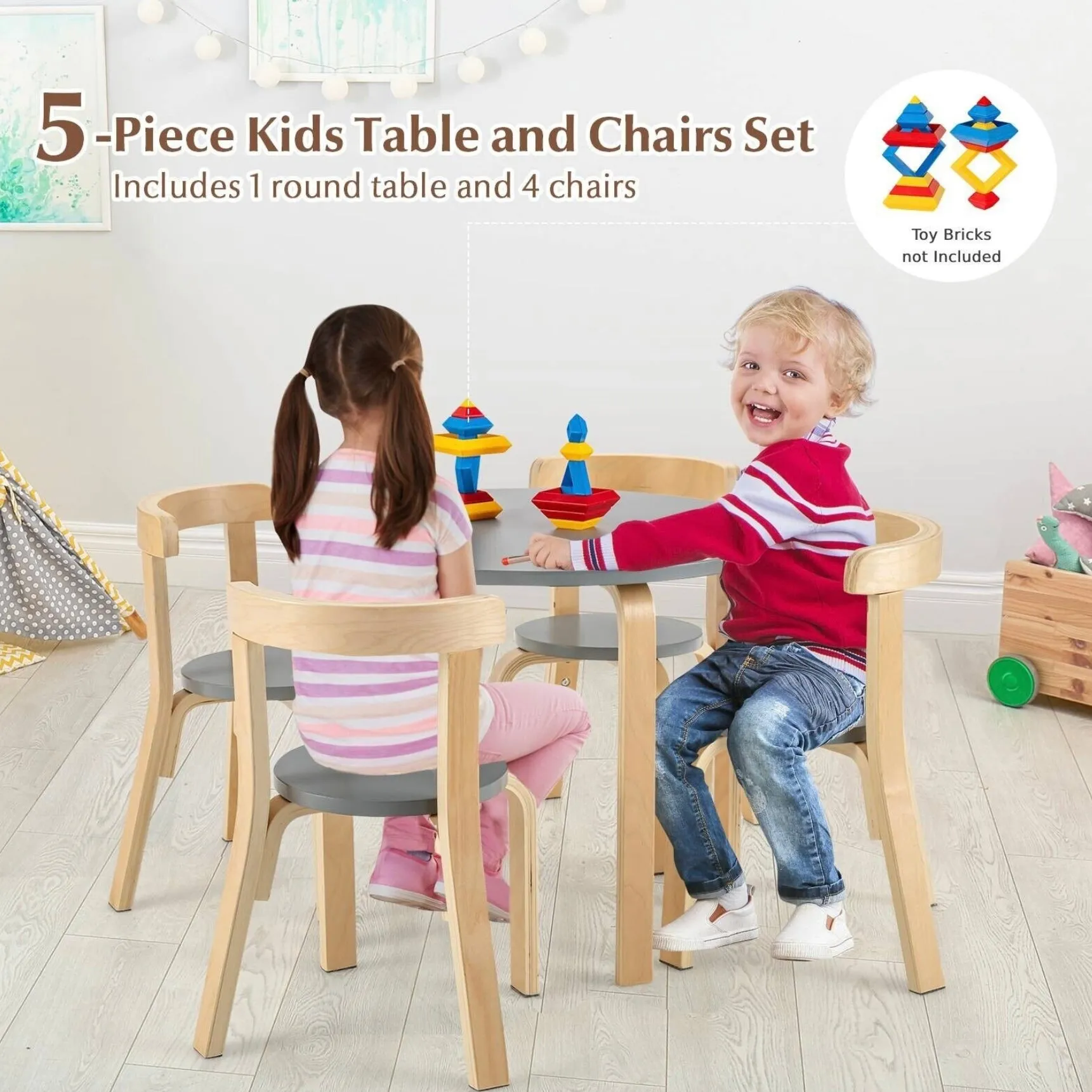 Children’s Wooden Table and 4 Chair Set | Curved Design | Birch & Grey