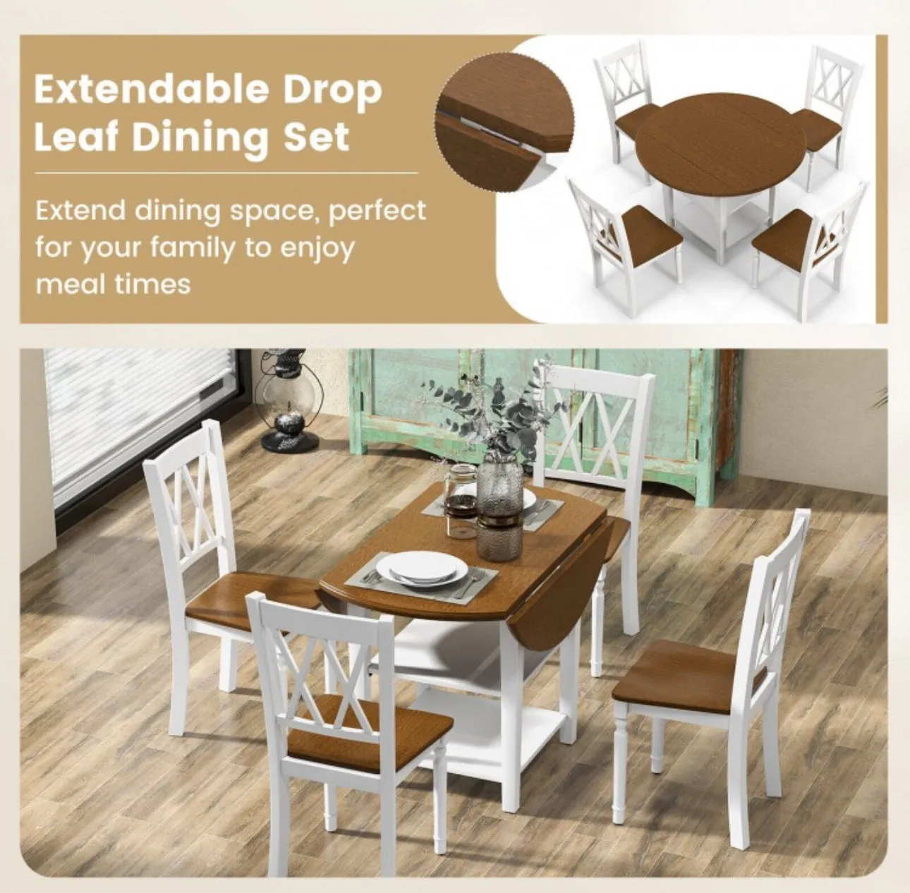 Classy, Elegant Heavy Duty 5-Piece Smooth Round Kitchen Dining Set With Drop Leaf Table Top | 2-Tier Bottom Shelf