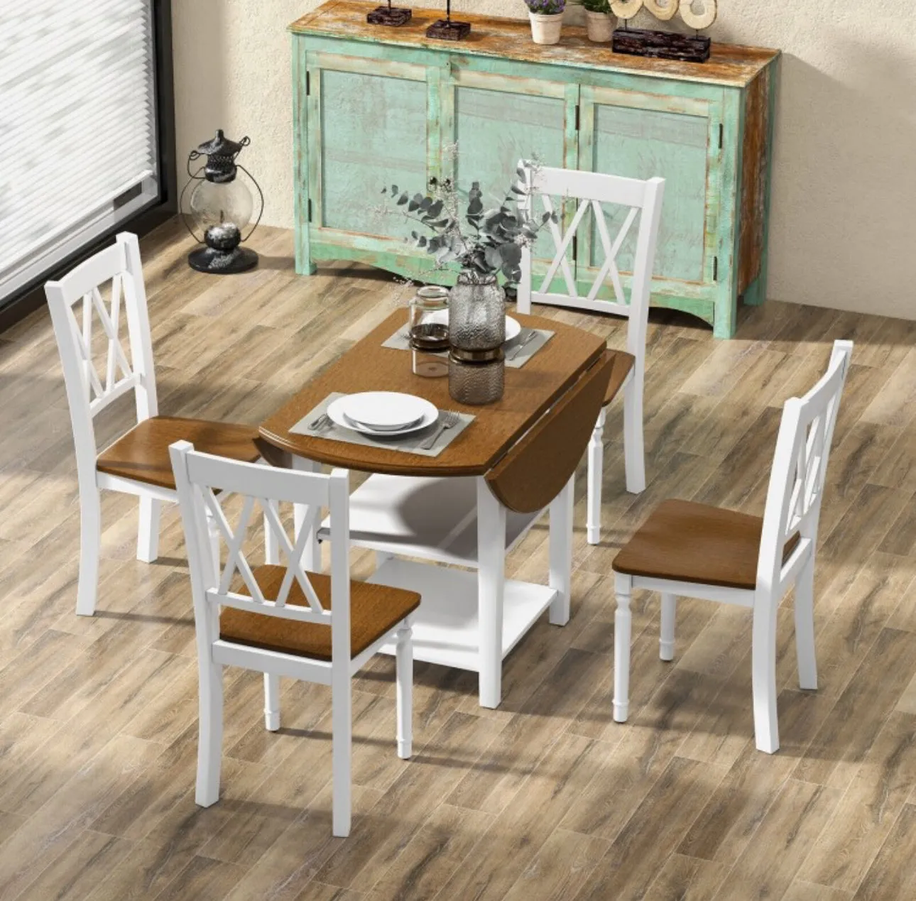 Classy, Elegant Heavy Duty 5-Piece Smooth Round Kitchen Dining Set With Drop Leaf Table Top | 2-Tier Bottom Shelf
