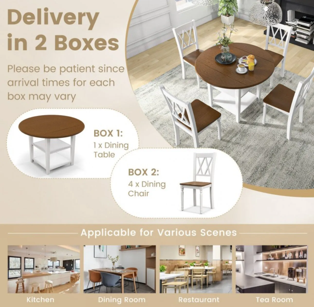 Classy, Elegant Heavy Duty 5-Piece Smooth Round Kitchen Dining Set With Drop Leaf Table Top | 2-Tier Bottom Shelf