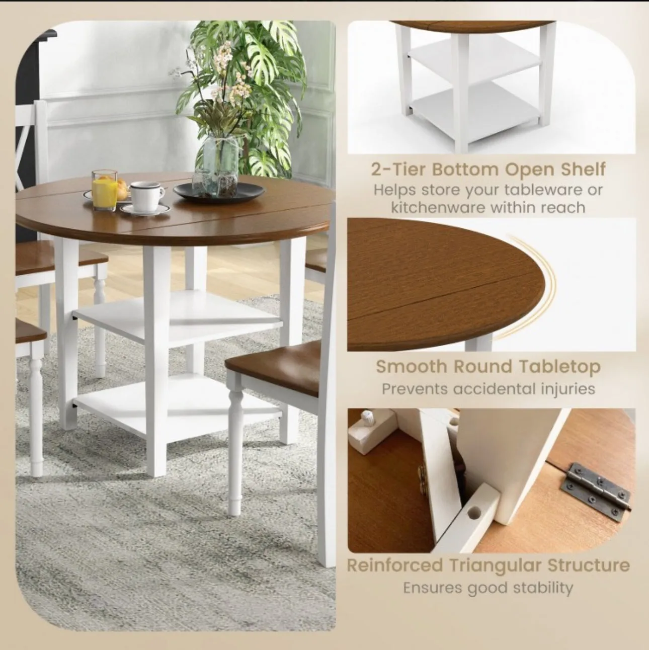 Classy, Elegant Heavy Duty 5-Piece Smooth Round Kitchen Dining Set With Drop Leaf Table Top | 2-Tier Bottom Shelf
