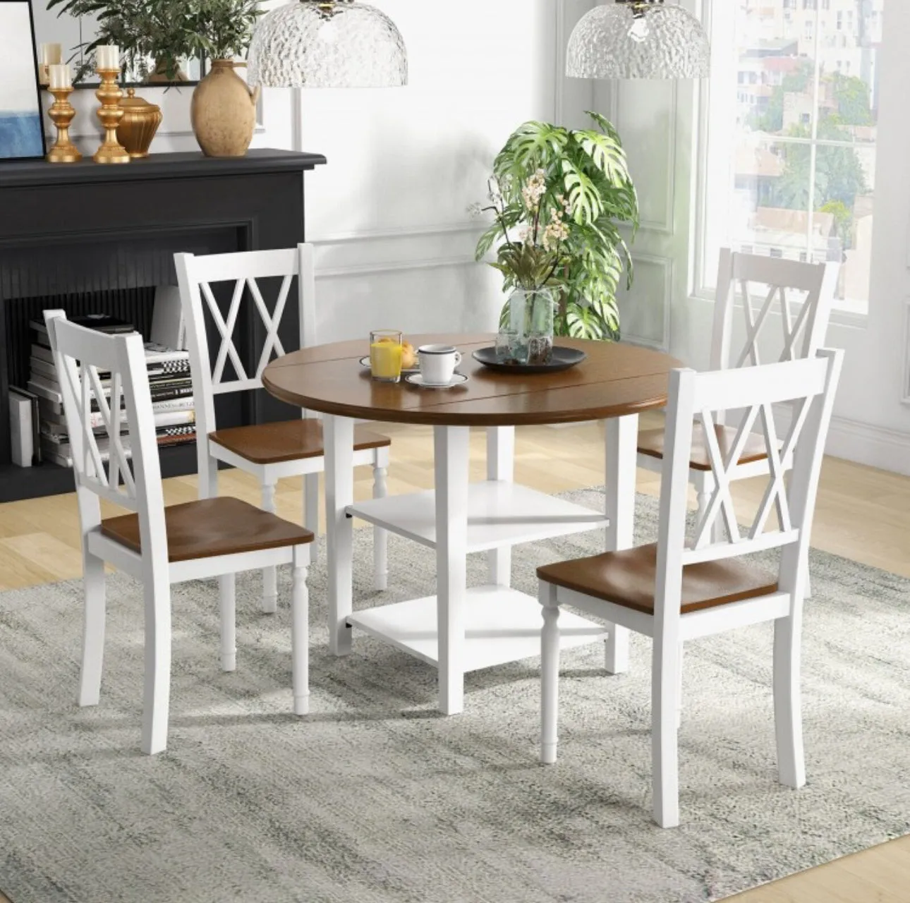 Classy, Elegant Heavy Duty 5-Piece Smooth Round Kitchen Dining Set With Drop Leaf Table Top | 2-Tier Bottom Shelf