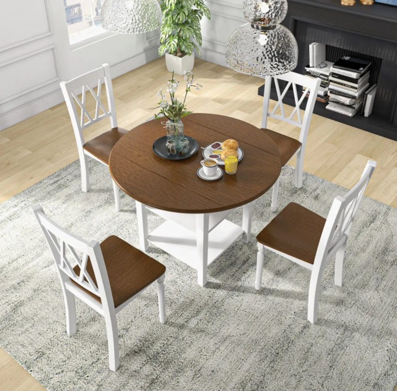 Classy, Elegant Heavy Duty 5-Piece Smooth Round Kitchen Dining Set With Drop Leaf Table Top | 2-Tier Bottom Shelf