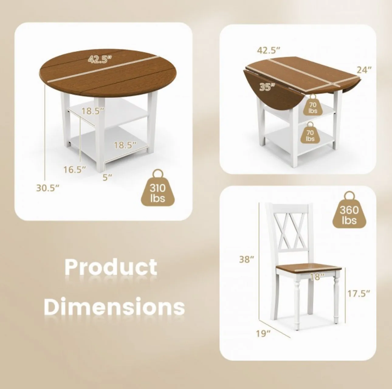 Classy, Elegant Heavy Duty 5-Piece Smooth Round Kitchen Dining Set With Drop Leaf Table Top | 2-Tier Bottom Shelf