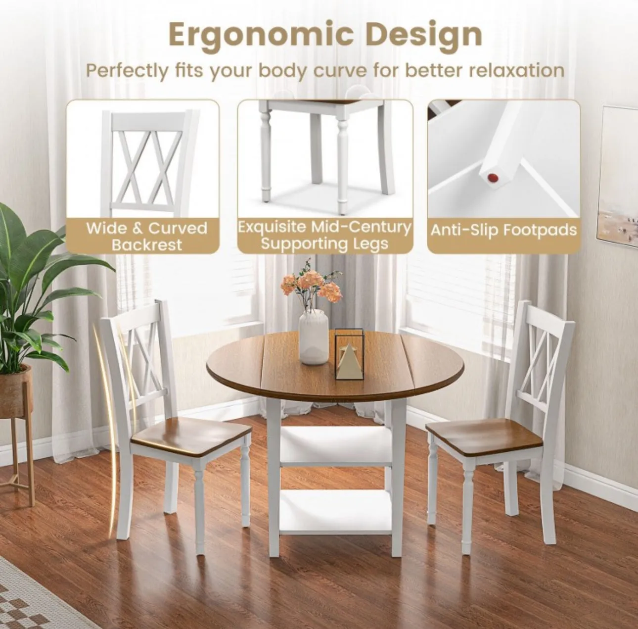 Classy, Elegant Heavy Duty 5-Piece Smooth Round Kitchen Dining Set With Drop Leaf Table Top | 2-Tier Bottom Shelf