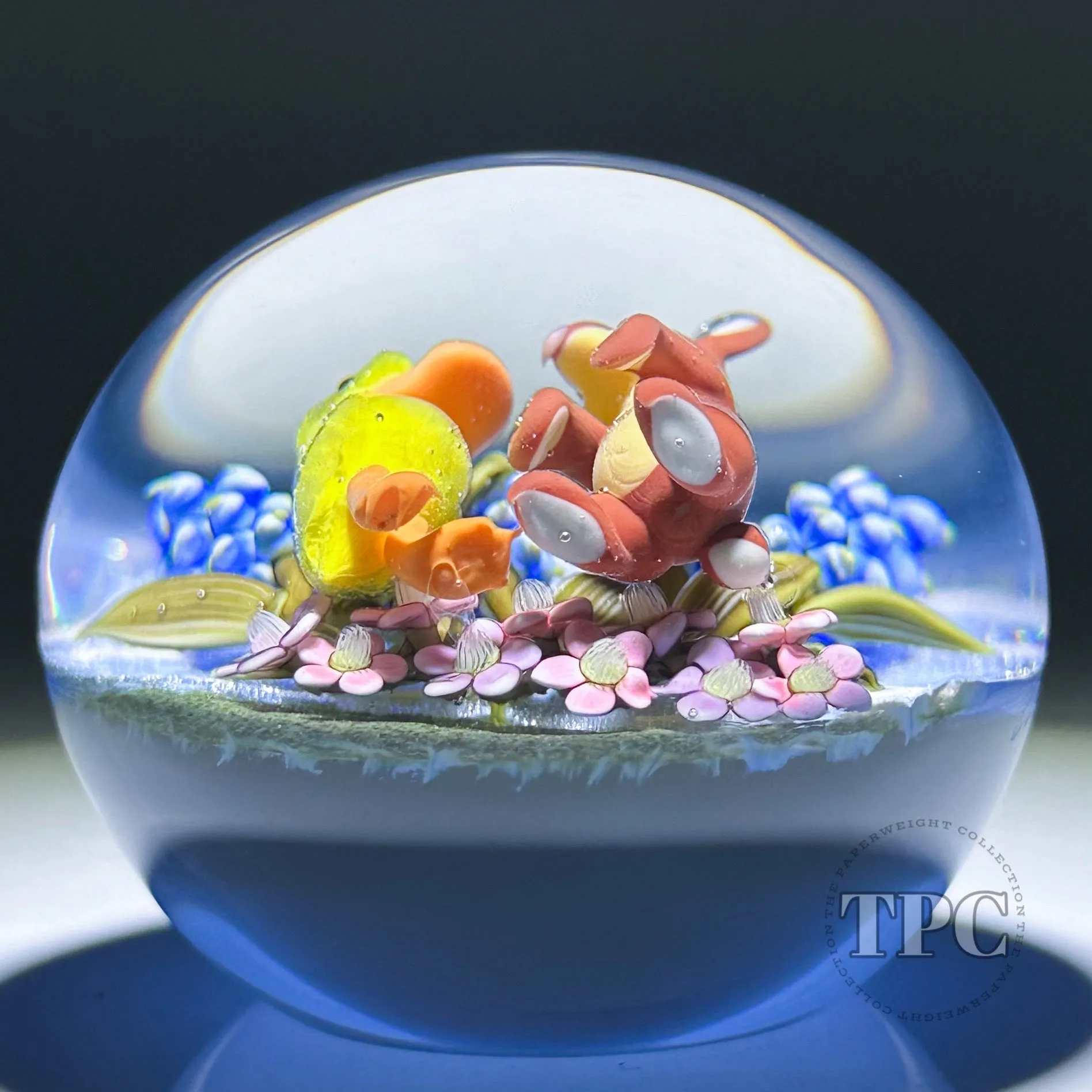 Clinton Smith 2024 Glass Art Paperweight Flamework Rabbit and Duckling with Flowers