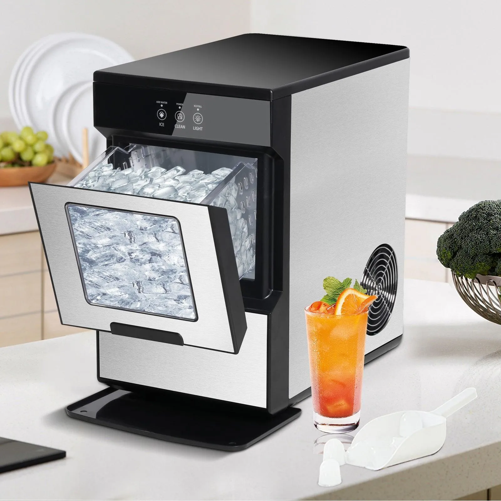 Countertop Nugget Ice Maker Machine 55lbs/24H with Self-Cleaning Function,  Ice Scoop and Drip Tray