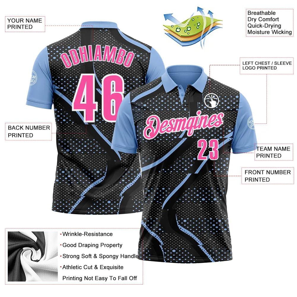 Custom Black Pink-Light Blue 3D Bowling Dot Performance Polo Shirt