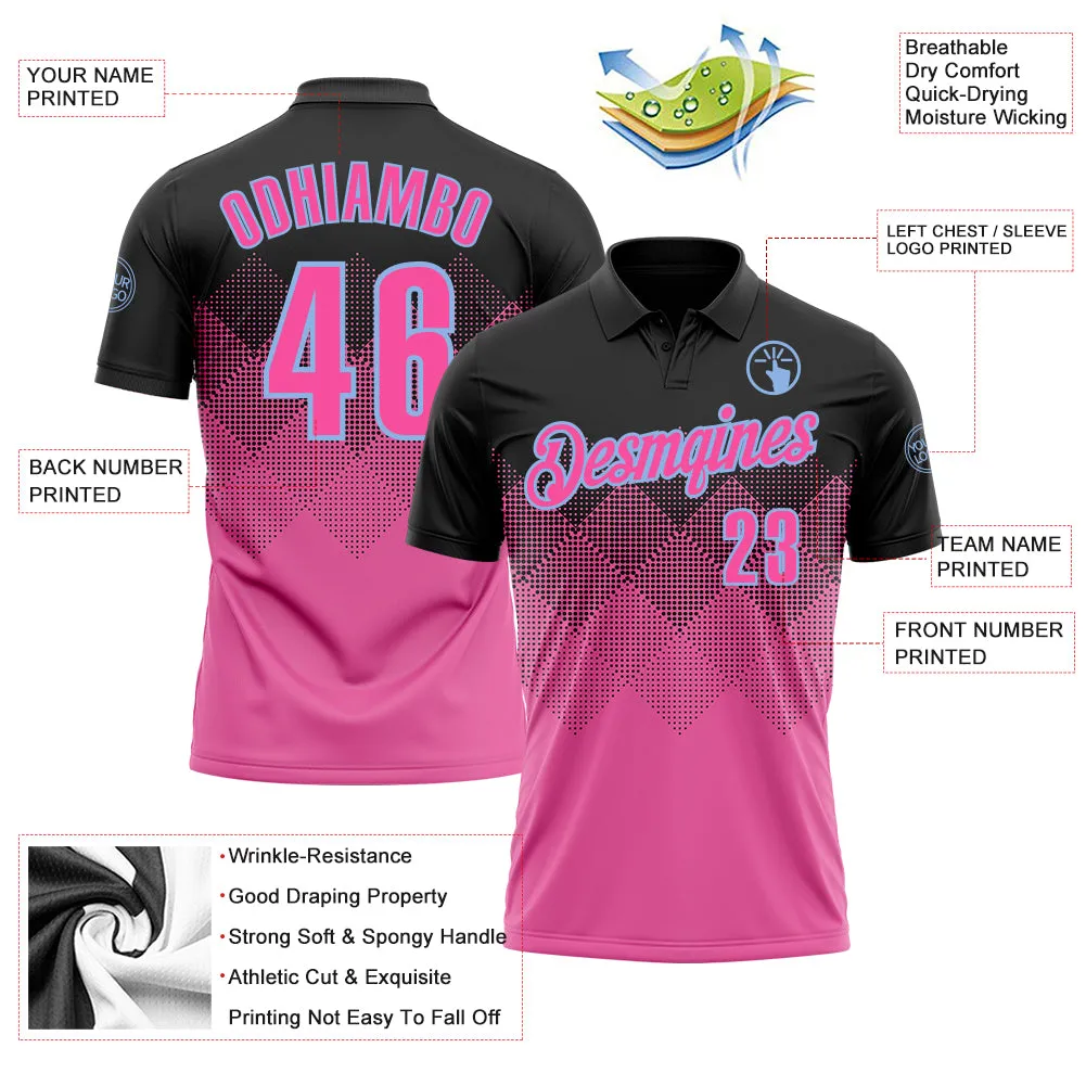 Custom Black Pink-Light Blue 3D Pattern Design Gradient Square Shape Performance Polo Shirt