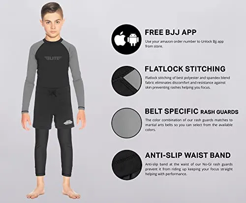 Elite Sports Rash Guards for Boys and Girls, Full Sleeve Compression BJJ Kids and Youth Rash Guard (Grey, Large)