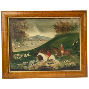 English Folk Art Oil on Board Painting, Fox Hunt Scene