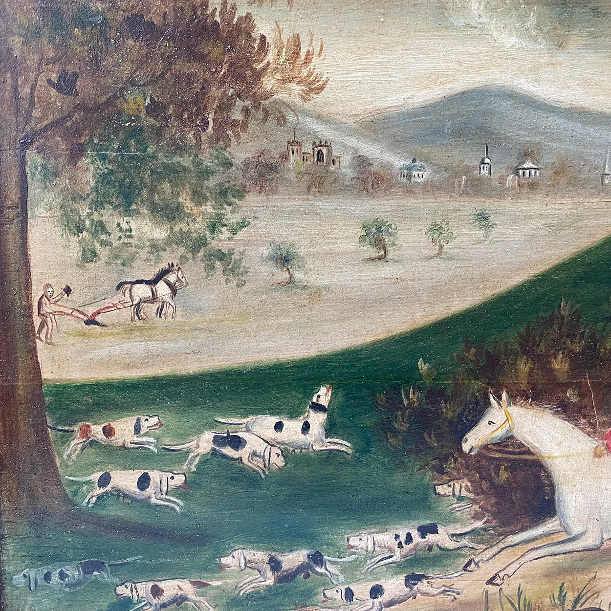 English Folk Art Oil on Board Painting, Fox Hunt Scene