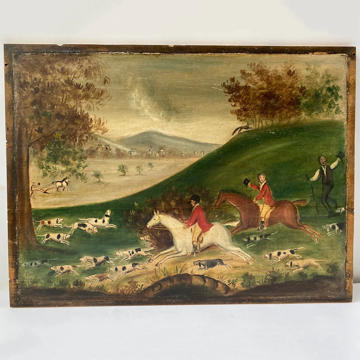 English Folk Art Oil on Board Painting, Fox Hunt Scene