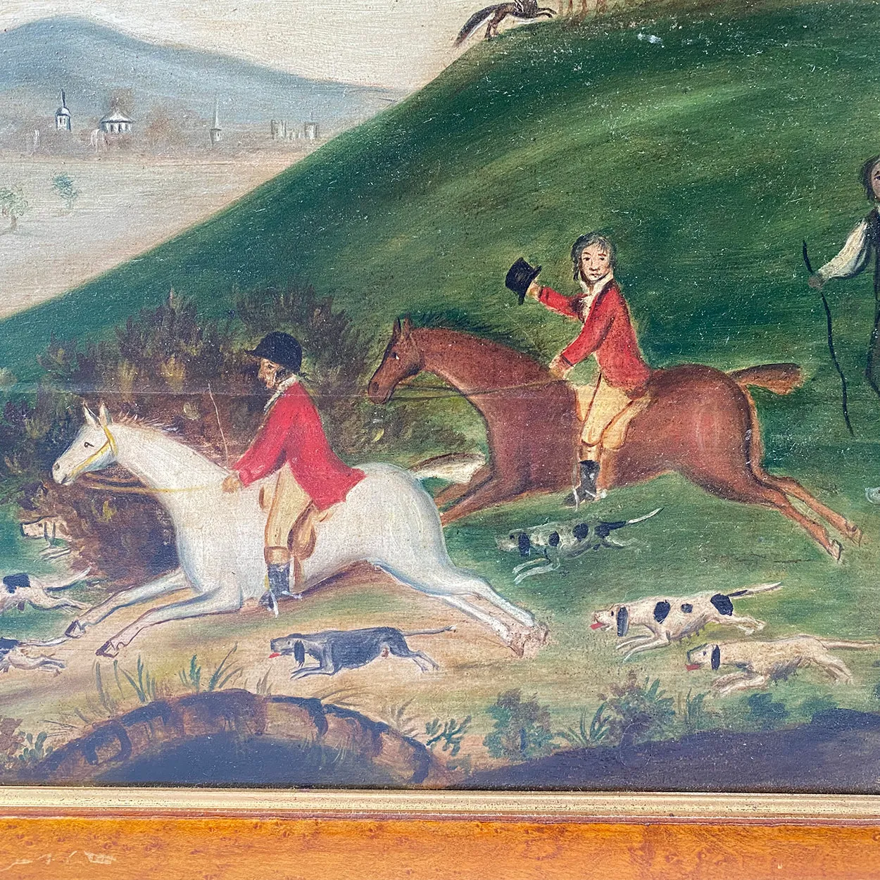 English Folk Art Oil on Board Painting, Fox Hunt Scene