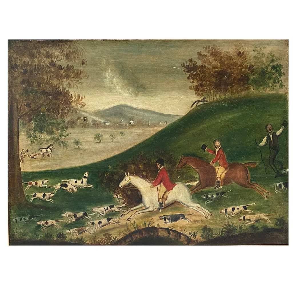 English Folk Art Oil on Board Painting, Fox Hunt Scene