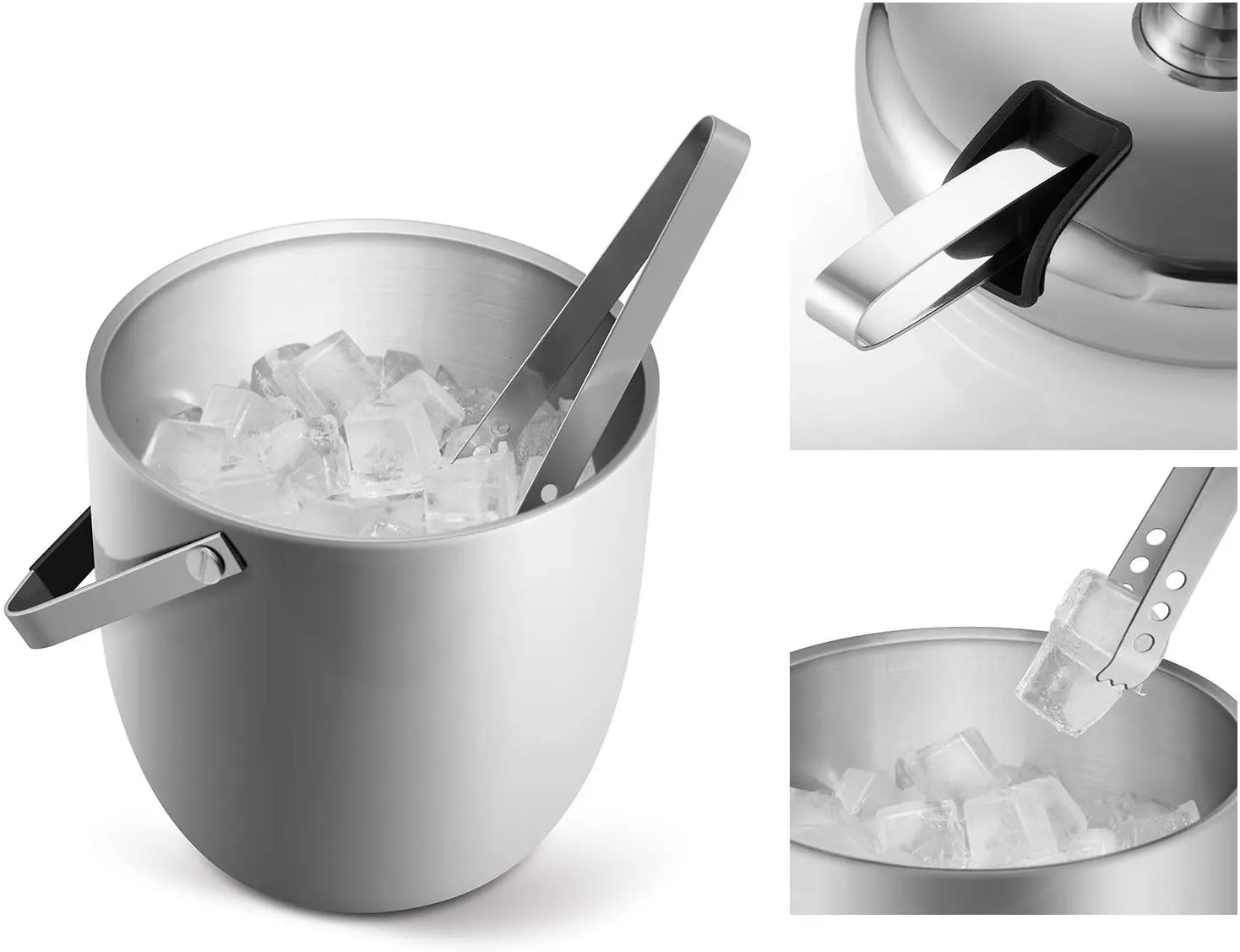 Fortune Candy Insulated Ice Bucket, Double Walled Stainless Steel Ice Bucket with Ice Tongs, Scoop, Lid, and Exclusive Handmade Nylon Holder, 2.8 L (Black)
