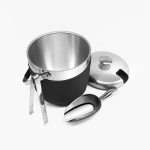 Fortune Candy Insulated Ice Bucket, Double Walled Stainless Steel Ice Bucket with Ice Tongs, Scoop, Lid, and Exclusive Handmade Nylon Holder, 2.8 L (Black)