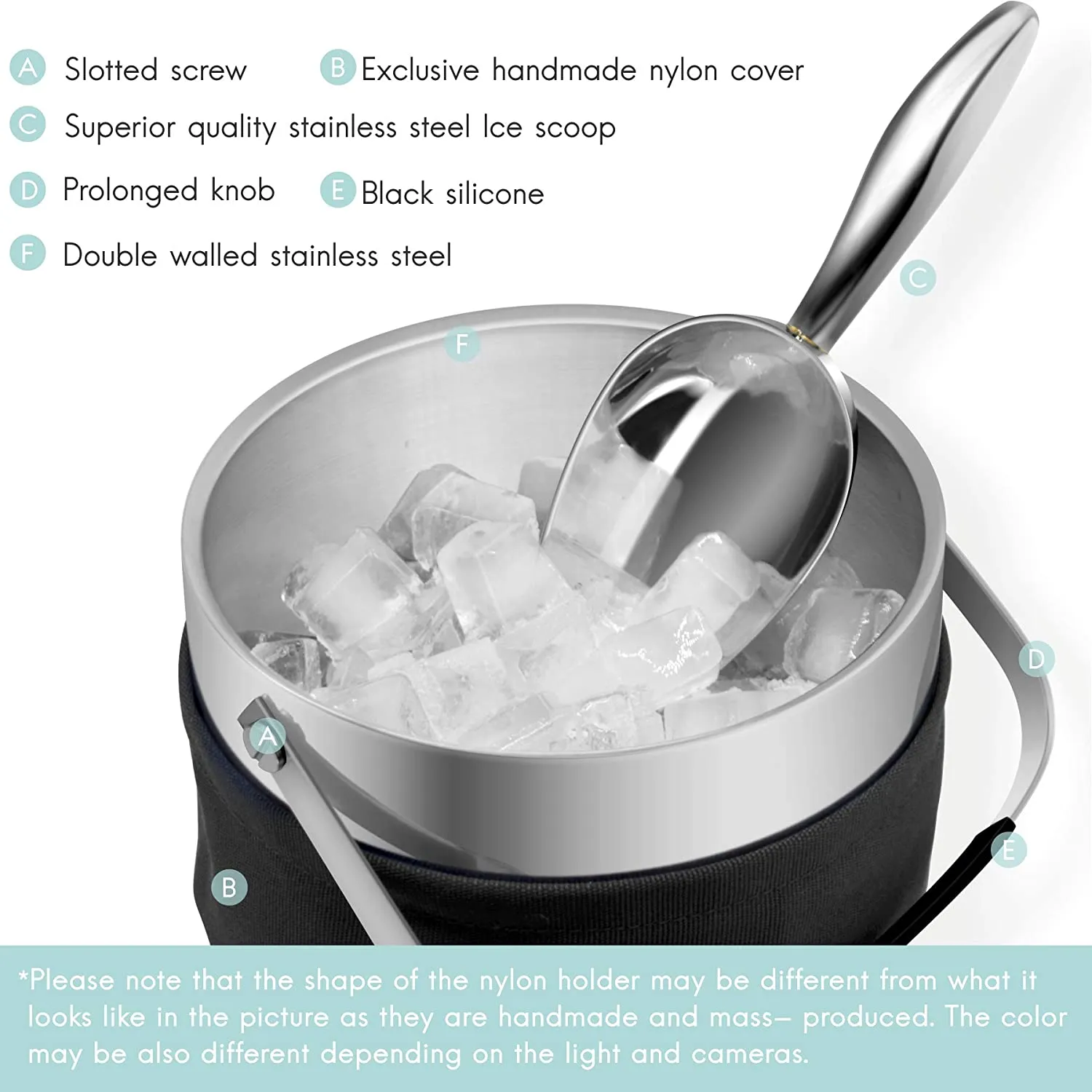 Fortune Candy Insulated Ice Bucket, Double Walled Stainless Steel Ice Bucket with Ice Tongs, Scoop, Lid, and Exclusive Handmade Nylon Holder, 2.8 L (Black)