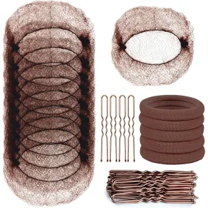 Hair Nets and U Shaped Pins Set - 30 Hair Nets, 30 2.4 INCH Hair Pins, 5 Hair Bands, Brown