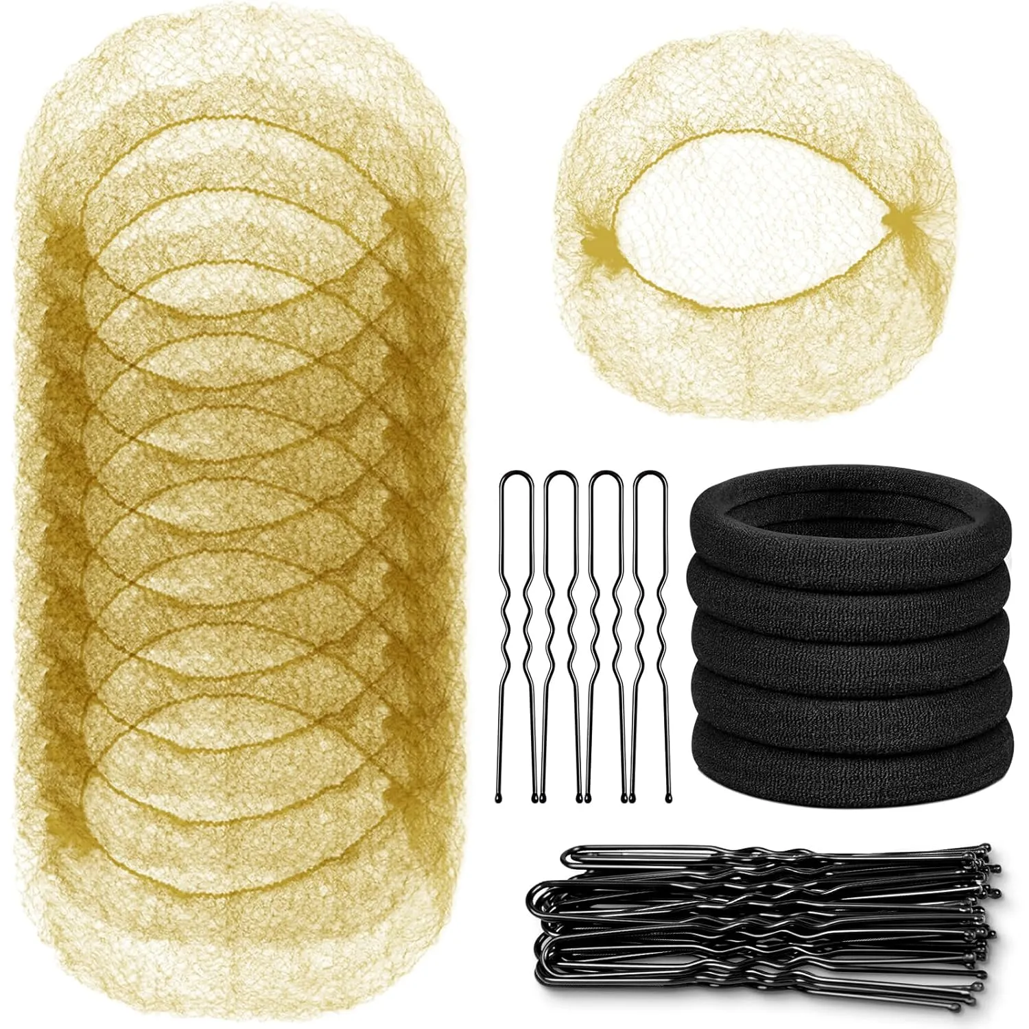 Hair Nets and U Shaped Pins Set - 30 Hair Nets, 30 2.4 INCH Hair Pins, 5 Hair Bands, Brown